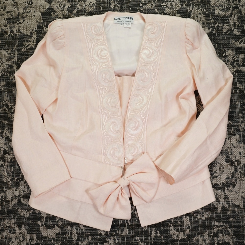 Vintage 80s Cloak of Many Colors Womens Sz‎ 12 Pink Linen Blazer w/ Matching Bow